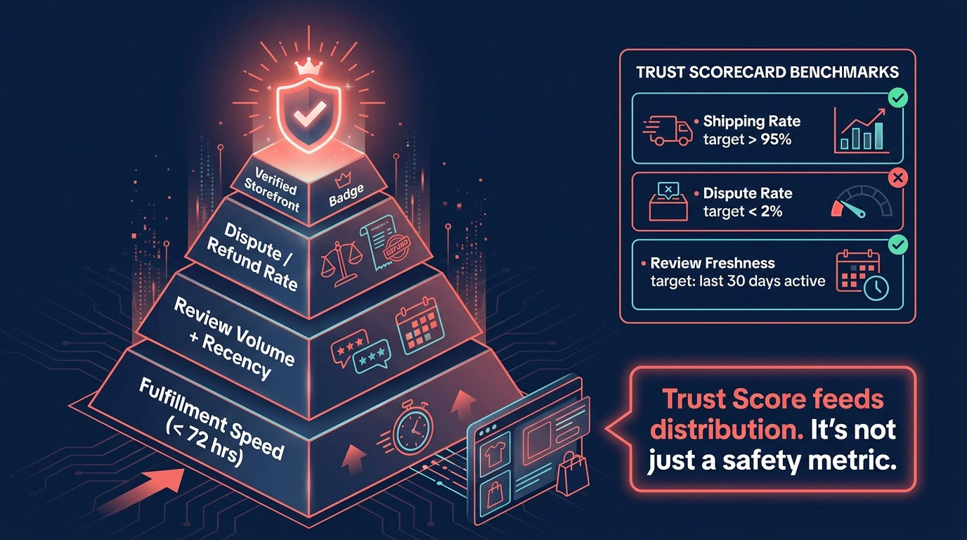 TikTok Shop trust score pyramid: fulfillment speed under 72 hours as base, review volume and recency, dispute rate, verified storefront badge at apex — coral and navy infographic