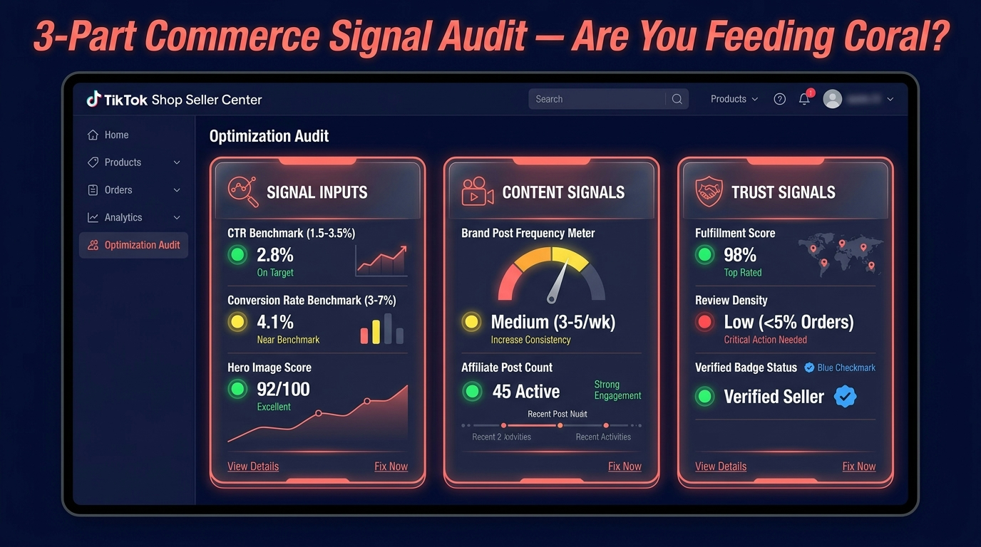 TikTok Shop listing optimization audit dashboard showing CTR benchmarks 1.5-3.5%, conversion rate 3-7%, content signals, trust signals with traffic light status indicators