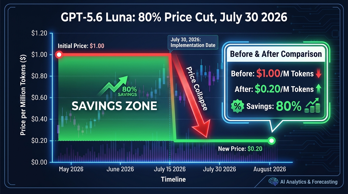 GPT-5.6 Luna 80% price cut chart showing cost reduction from $1.00 to $0.20 per million tokens