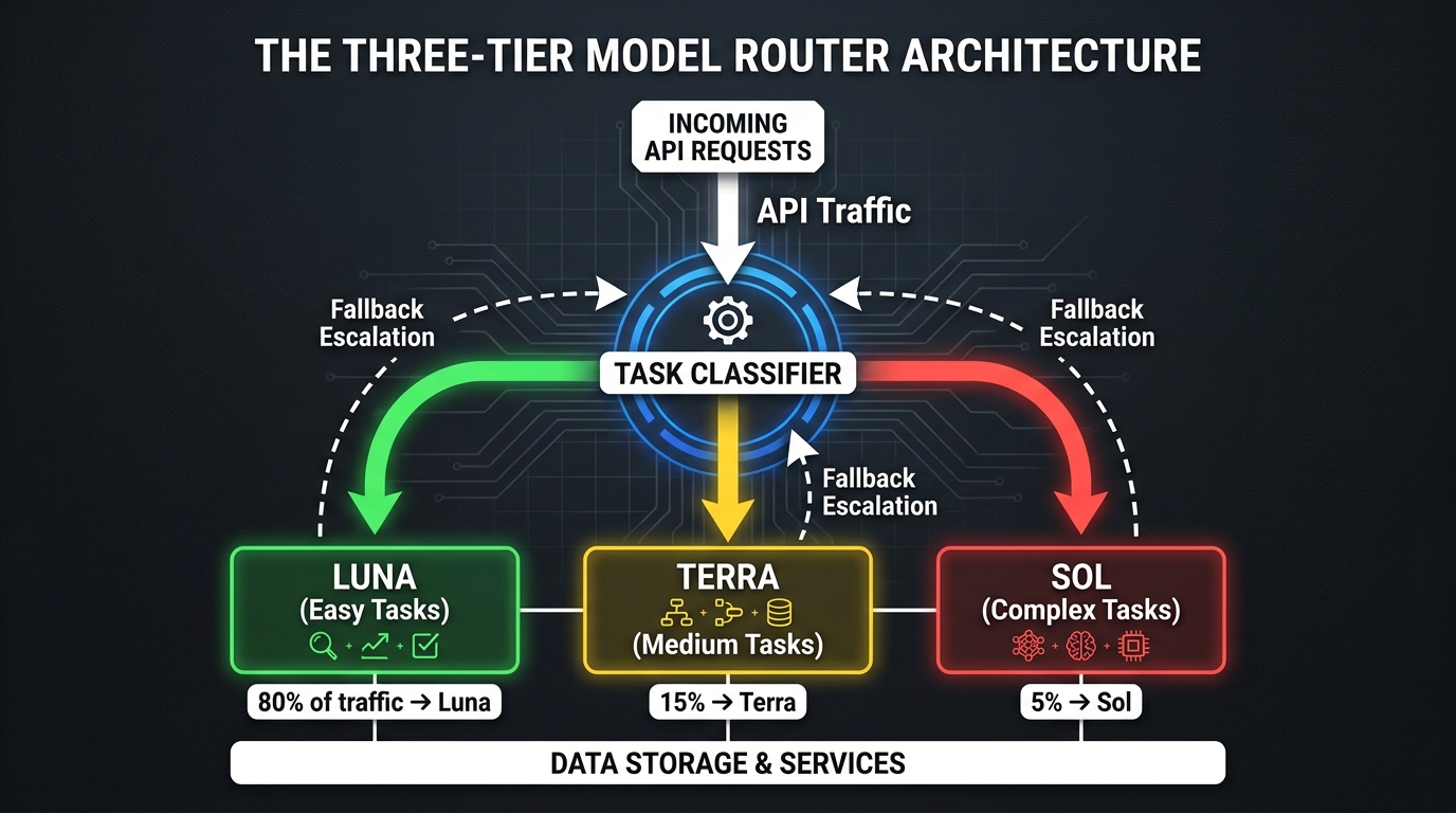 Three-tier model router architecture diagram showing task classification and routing to Luna, Terra, and Sol