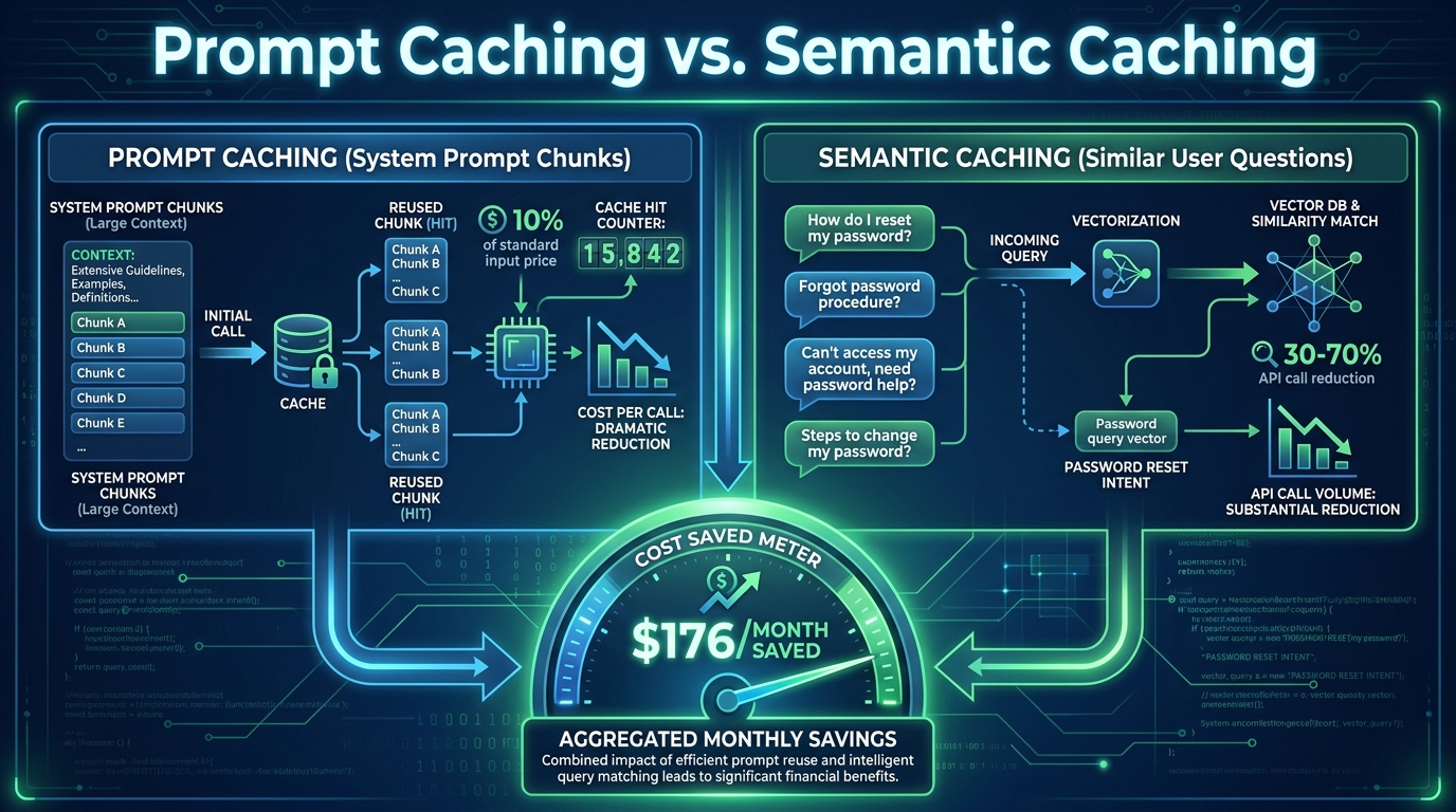 Comparison of prompt caching versus semantic caching showing cost savings mechanisms