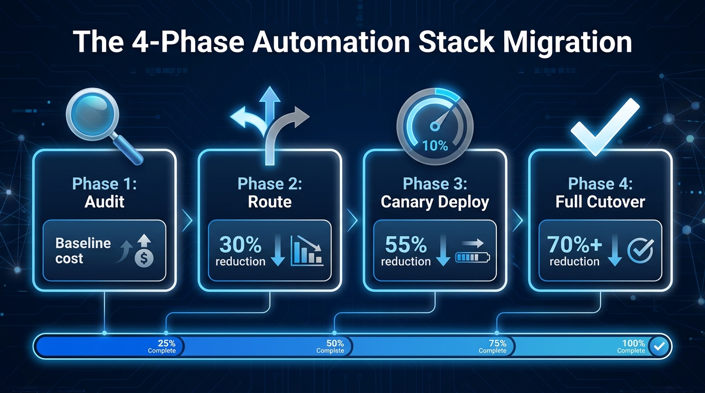 Four-phase automation stack migration timeline showing audit, route, canary deploy, and full cutover phases