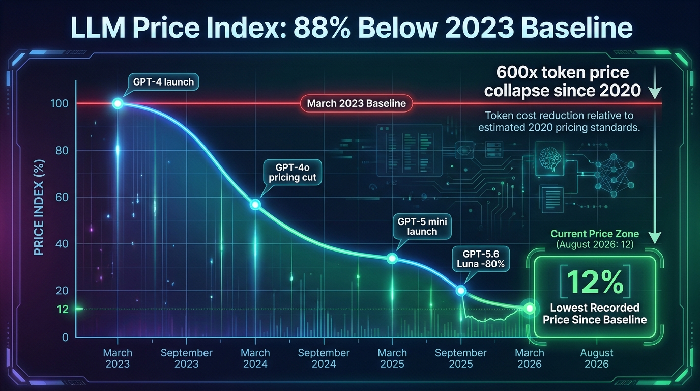 LLM price index chart showing 88% decline from 2023 baseline to 2026