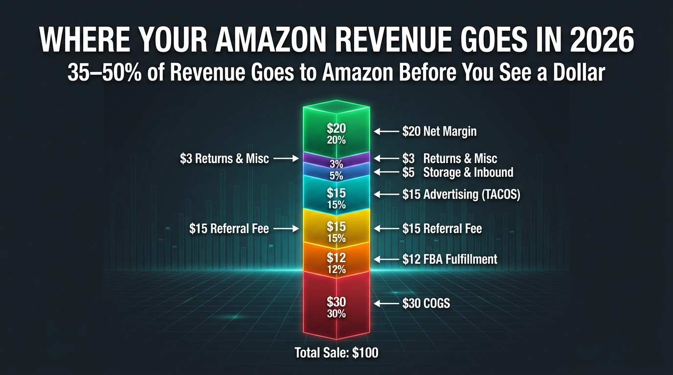 Stacked bar chart showing where Amazon revenue goes in 2026 — 35-50% consumed by fees and advertising before seller profit