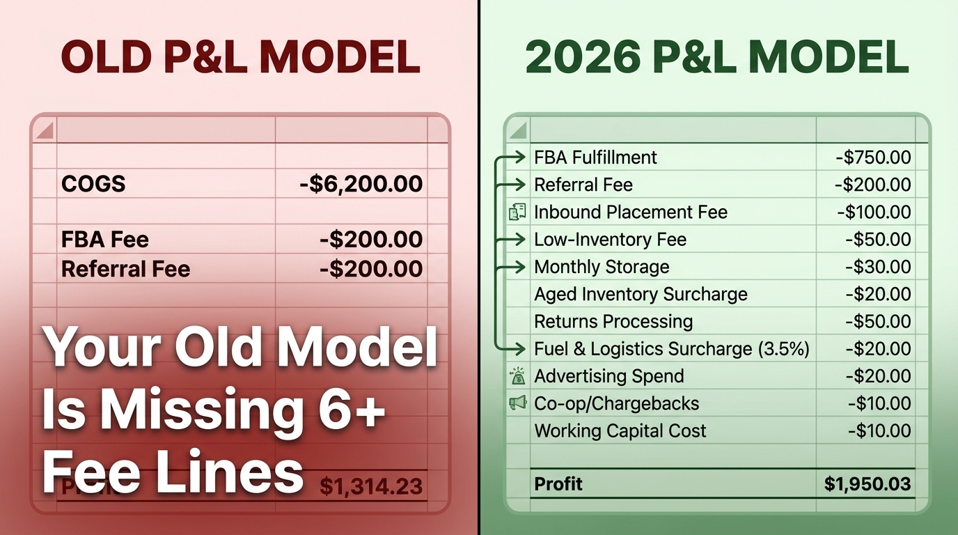 Side-by-side comparison of old simplified Amazon P&L model versus the 12+ line-item 2026 model showing missing fee categories