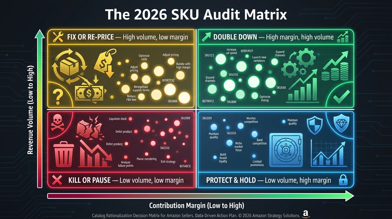 2x2 SKU audit matrix for Amazon catalog rationalization showing four quadrants: Double Down, Fix or Re-price, Protect and Hold, Kill or Pause