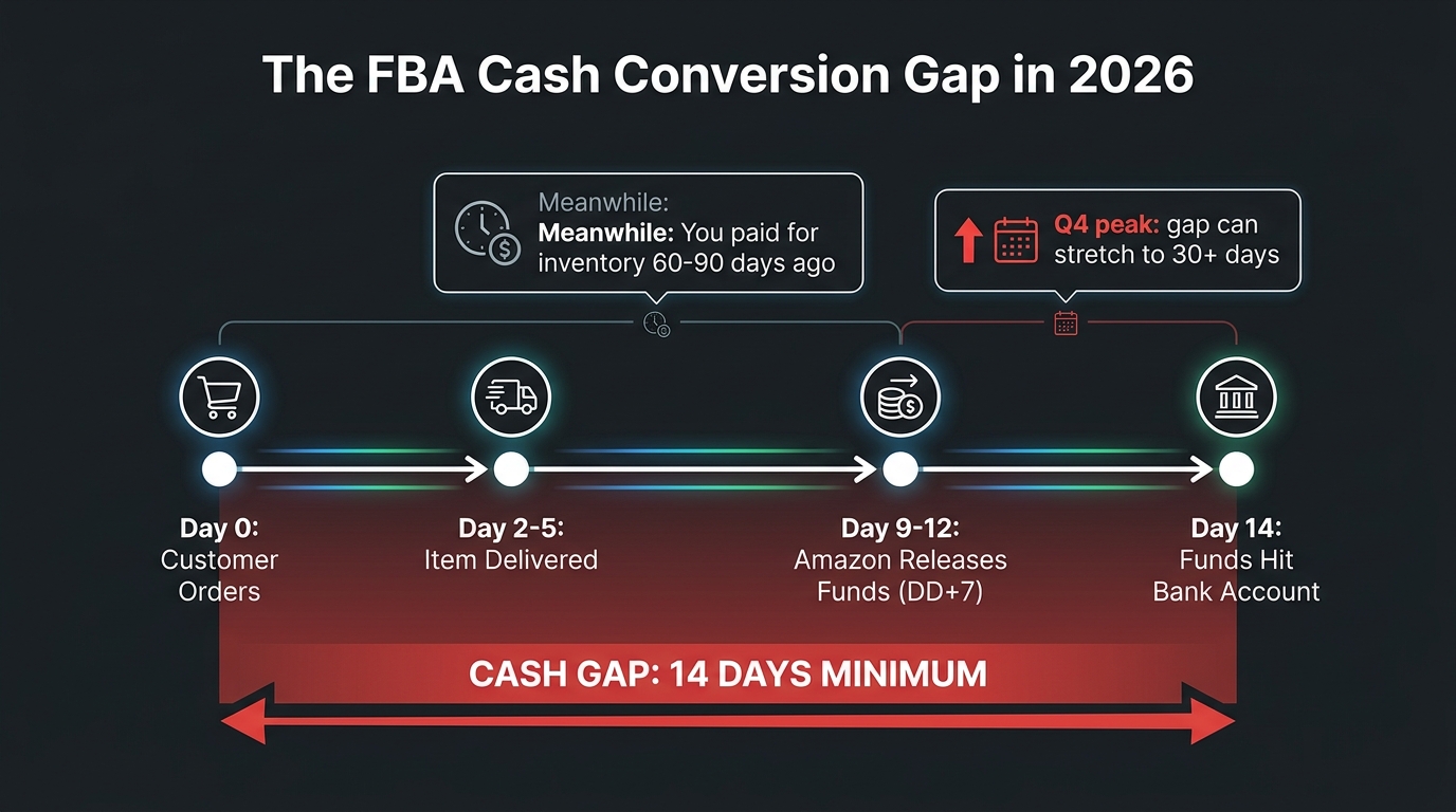 Timeline infographic showing the Amazon DD+7 payout gap with 14+ day cash conversion delay between customer order and seller bank deposit