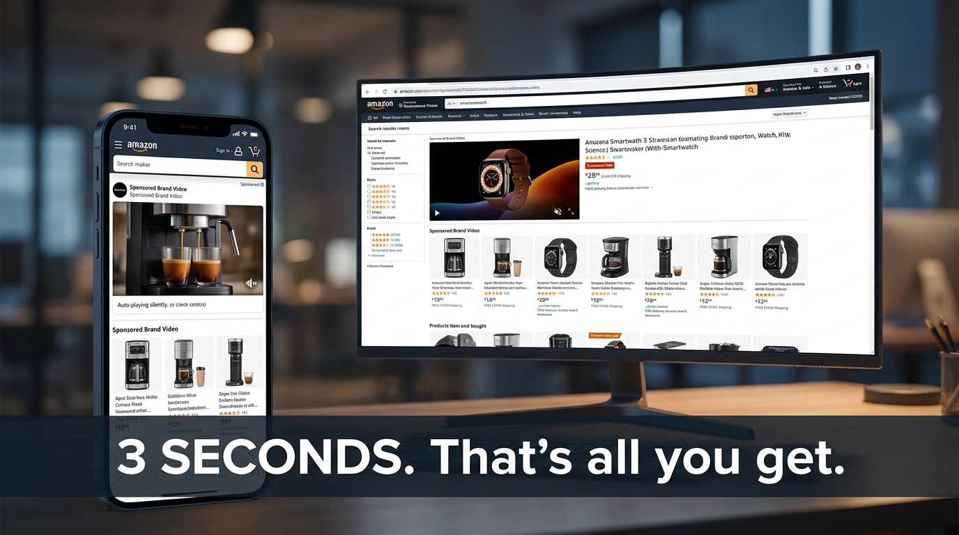 Amazon Sponsored Brand Video ad playing silently on a search results page with bold text overlay: 3 Seconds. That's all you get.