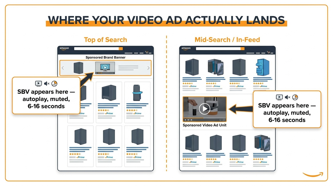 Infographic showing Amazon search results page layout with labeled SBV placements: Top of Search and Mid-Search In-Feed positions with annotation: SBV appears here — autoplay, muted, 6-16 seconds