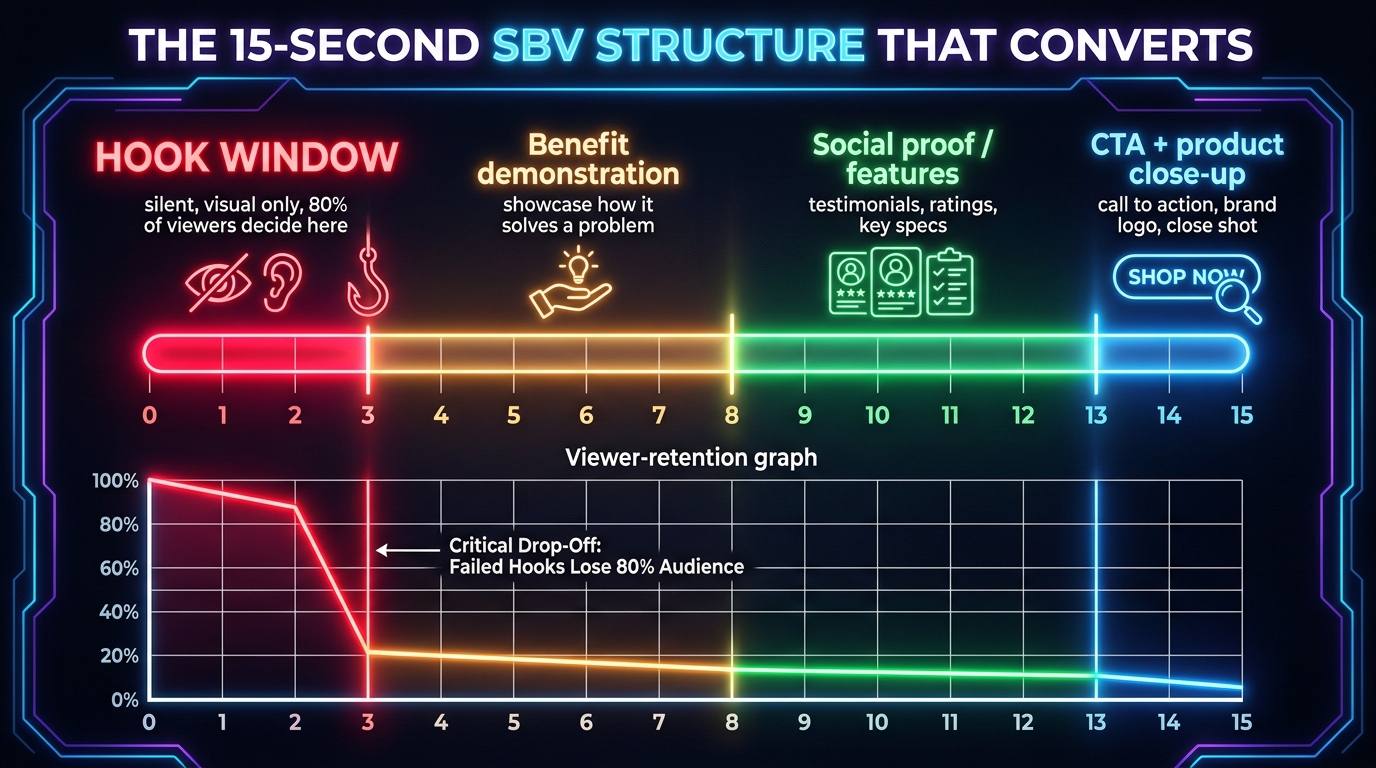 Timeline infographic showing a 15-second SBV broken into color-coded zones: 0-3 seconds hook window in red, 3-8 benefit demo in amber, 8-13 social proof in green, 13-15 CTA in blue, with a viewer retention graph showing sharp drop-off at 3 seconds