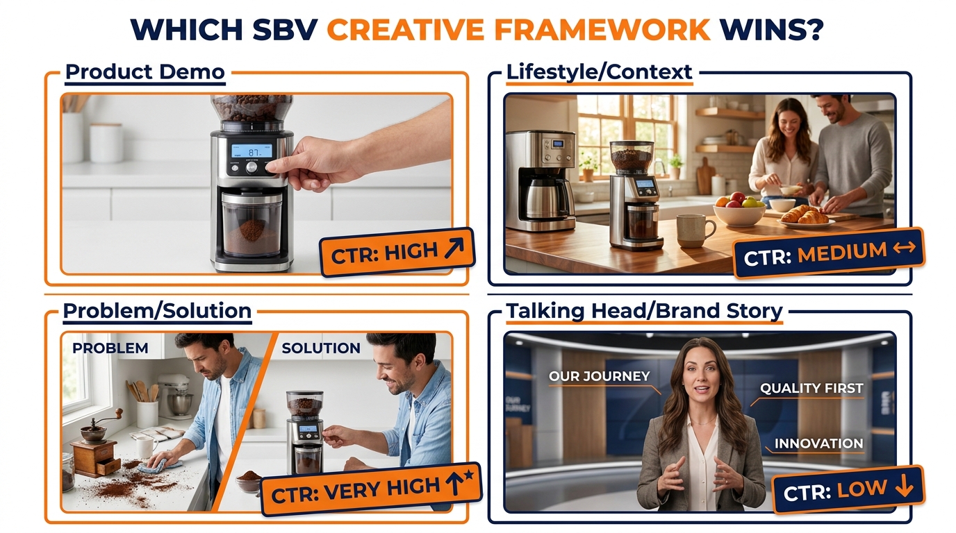 2x2 comparison grid showing four video creative approaches for Amazon ads with CTR performance badges: Product Demo HIGH, Lifestyle MEDIUM, Problem/Solution VERY HIGH, Talking Head LOW