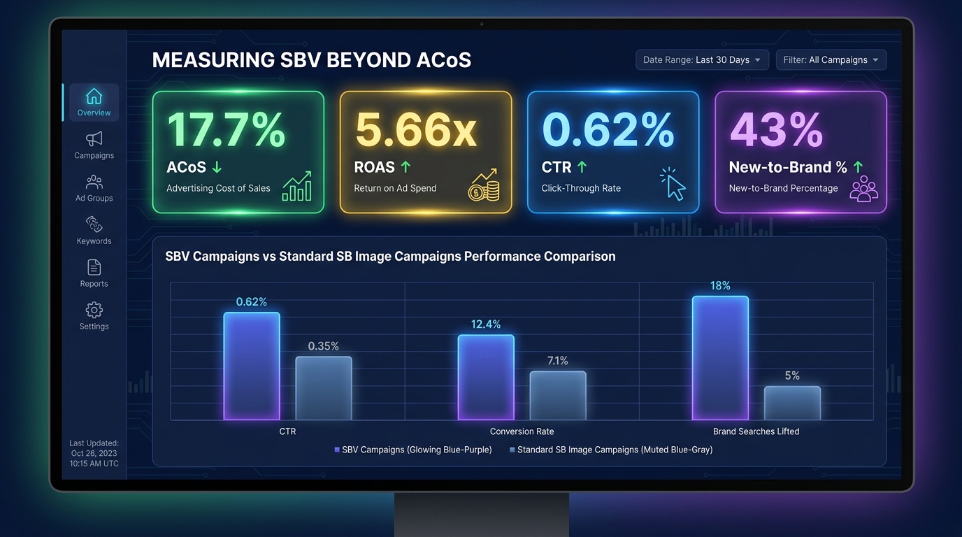 Dashboard mockup showing Amazon Sponsored Brand Video campaign metrics: ACoS 17.7% in green, ROAS 5.66x in gold, CTR 0.62% in blue, New-to-Brand percentage 43% in purple, with a bar chart comparing SBV vs image campaigns across CTR, conversion rate, and brand searches