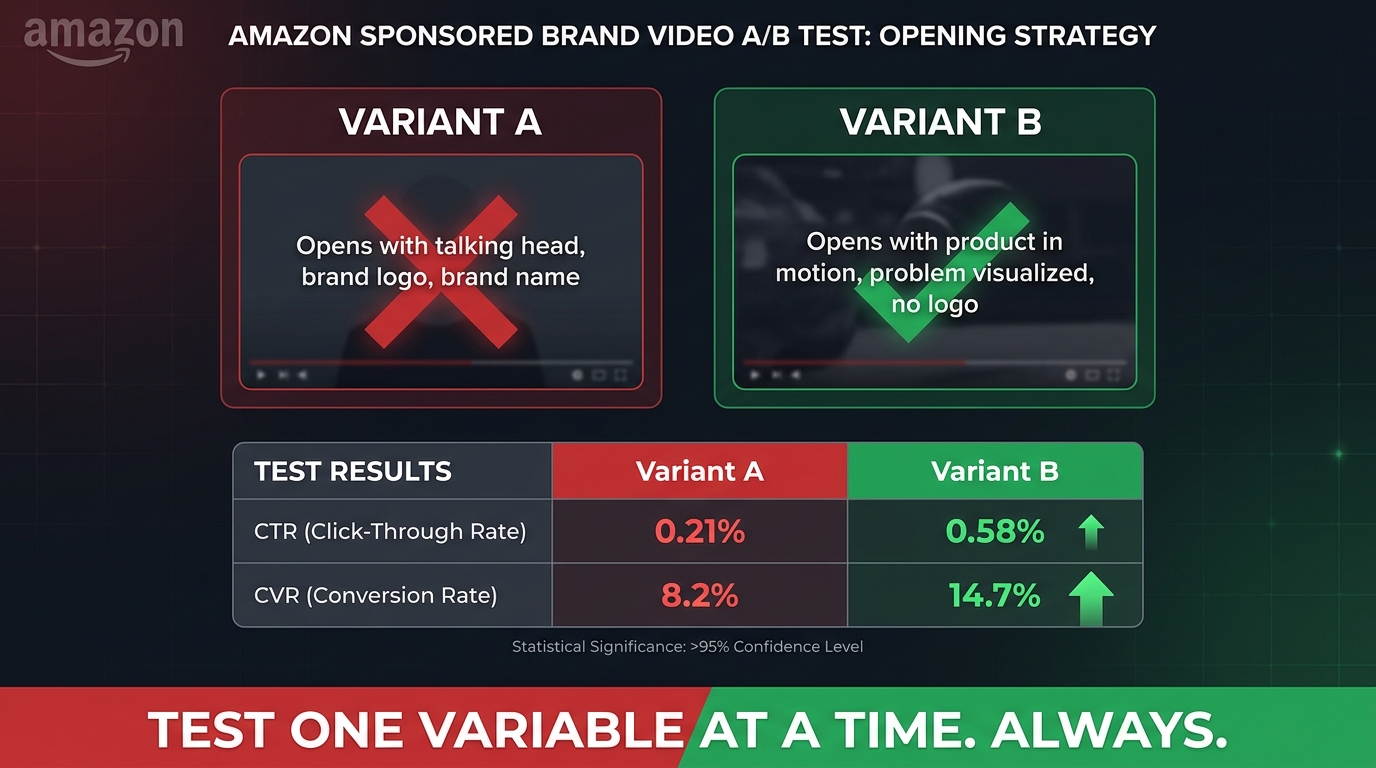 A/B testing framework diagram for Amazon SBV campaigns showing Variant A opening with brand logo marked with red X and Variant B opening with product in motion marked with green checkmark, with results table showing CTR 0.21% vs 0.58% and CVR 8.2% vs 14.7%