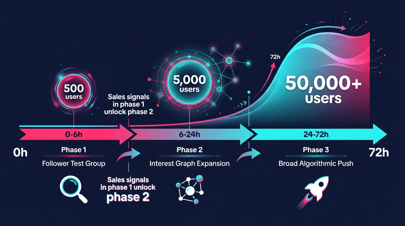 TikTok content distribution lifecycle diagram showing three phases over 72 hours from follower test to broad algorithmic push