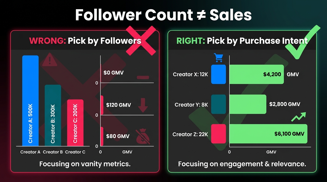Comparison infographic showing follower count versus purchase intent as creator selection criteria with GMV data