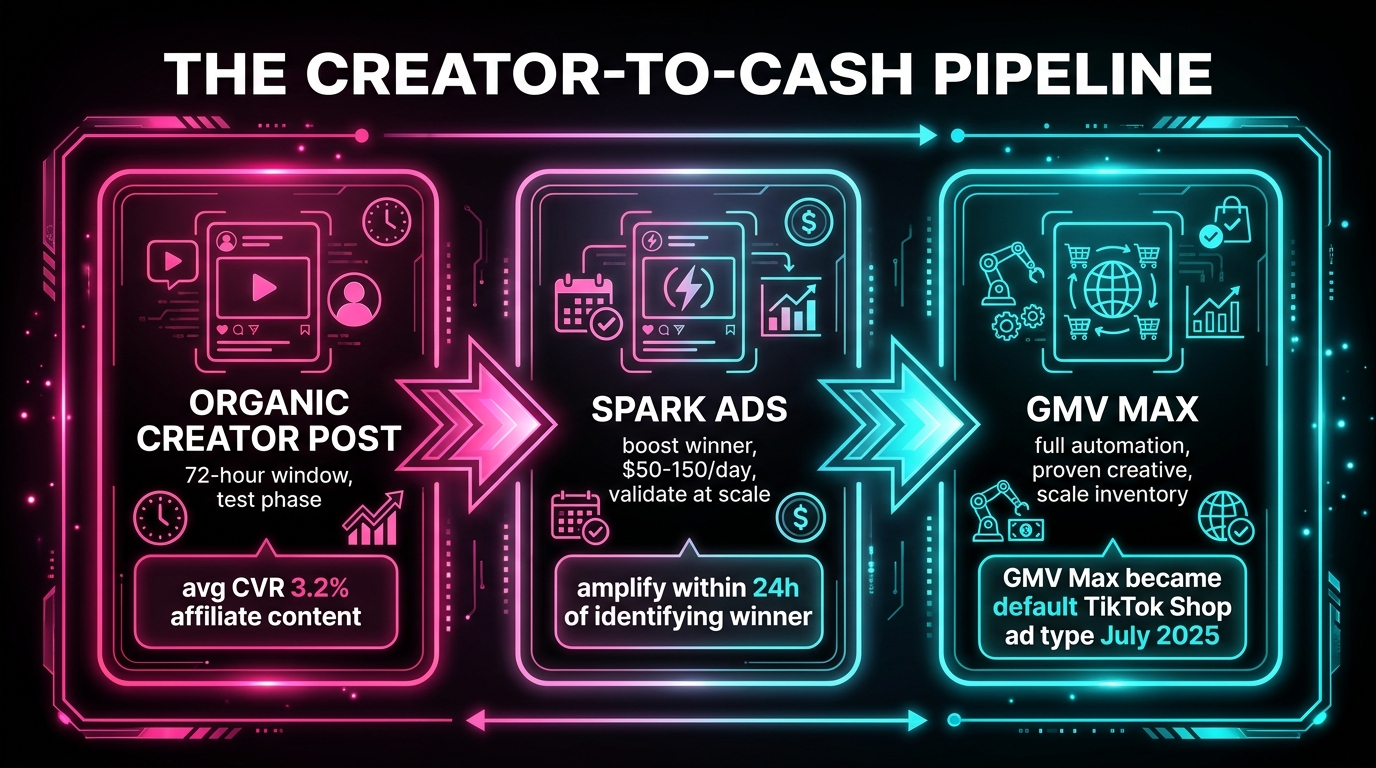 TikTok Shop creator-to-cash pipeline infographic showing the sequence from organic creator post to Spark Ads to GMV Max