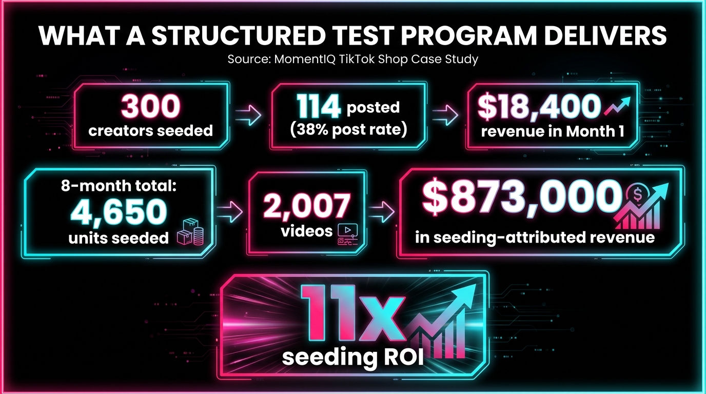 TikTok Shop creator seeding case study results showing 38 percent post rate and 873000 dollars in seeding-attributed revenue
