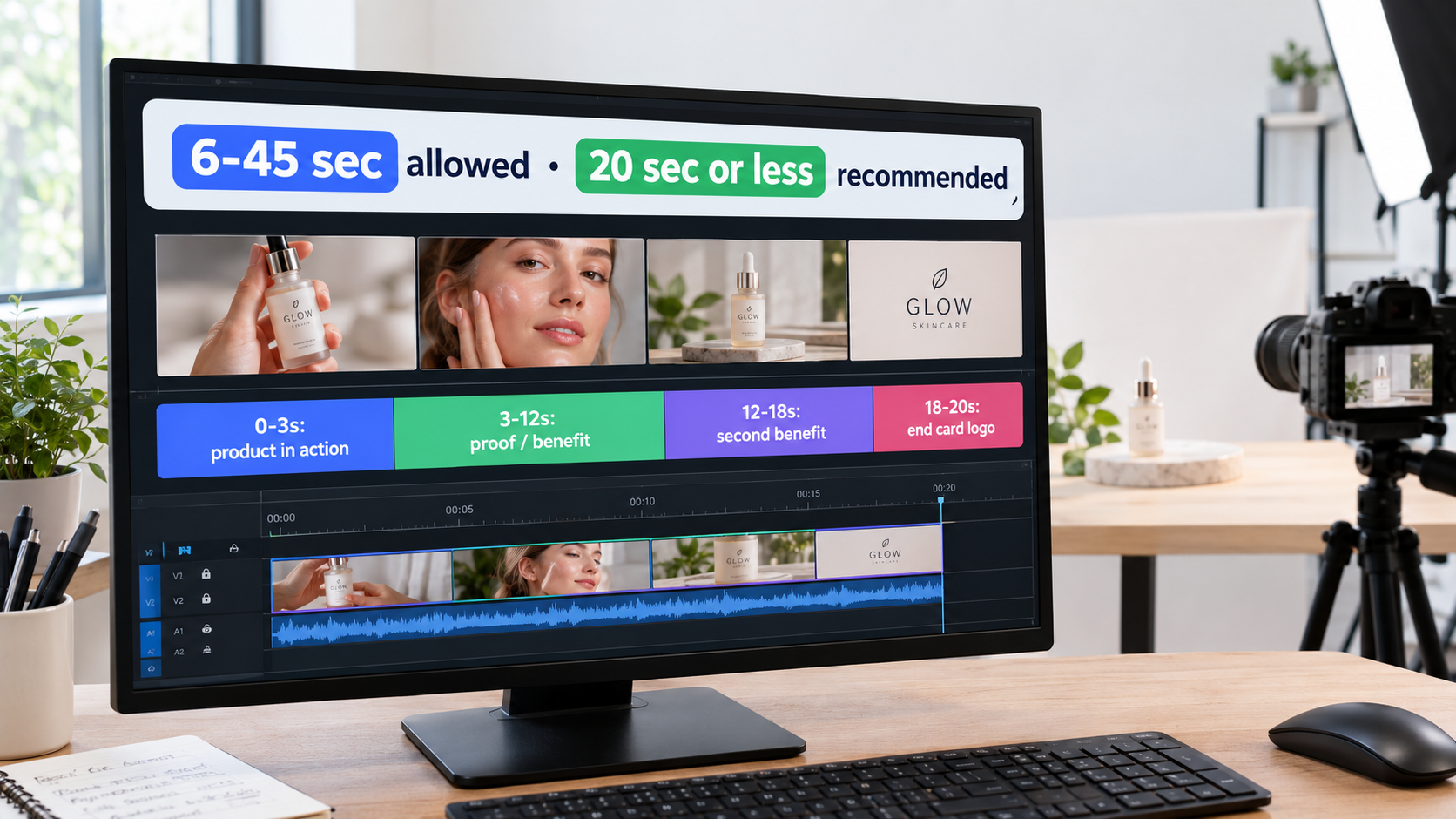 Video editing timeline split into hook, proof, benefit, and end card segments with a callout noting 6 to 45 seconds allowed and 20 seconds or less recommended