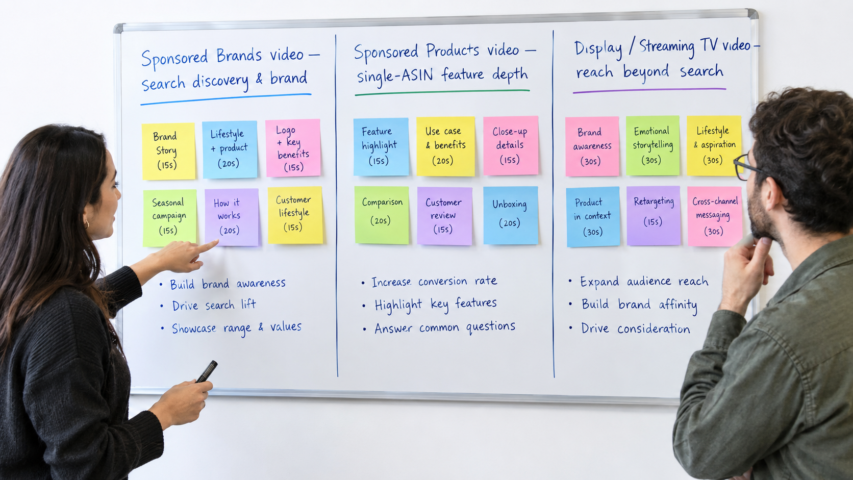 Whiteboard dividing roles between Sponsored Brands video, Sponsored Products video, and display or streaming TV video