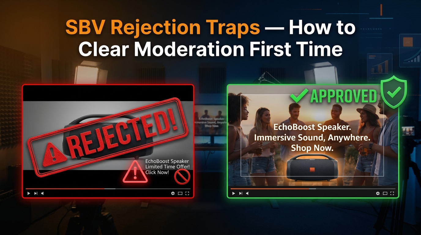 Amazon SBV creative compliance — rejected vs approved video ad comparison