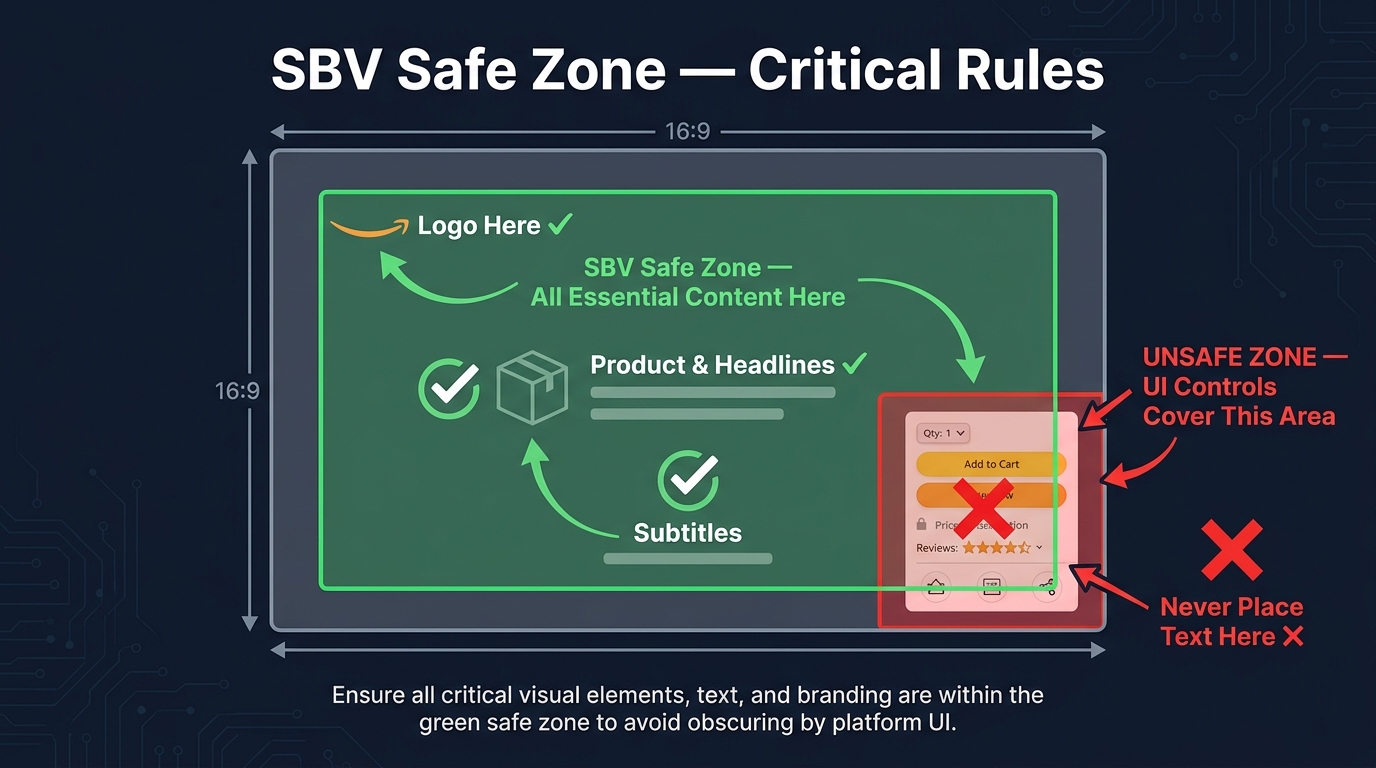 Amazon SBV safe zone diagram showing the lower-right corner as unsafe and correct logo placement in upper-left