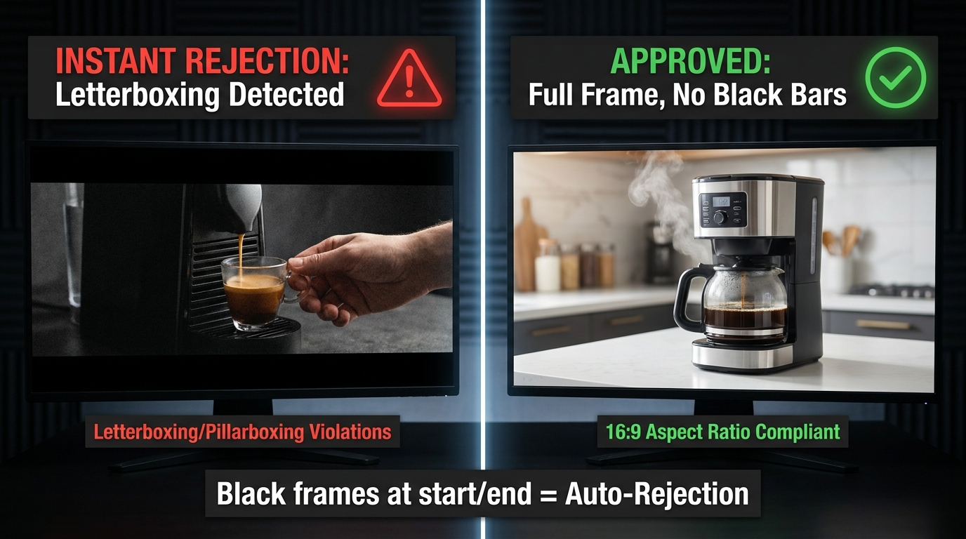 Side-by-side comparison of letterboxed rejected video ad versus approved full-frame SBV creative