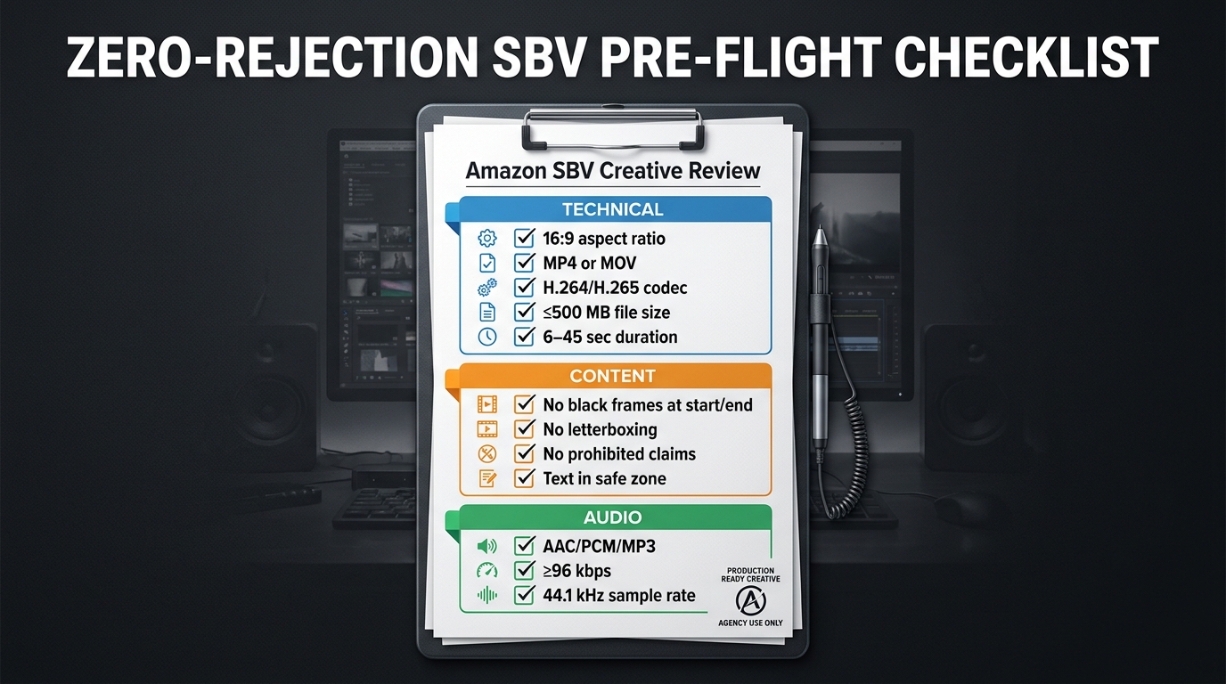 Zero-rejection SBV pre-flight checklist showing technical, content, and audio requirements