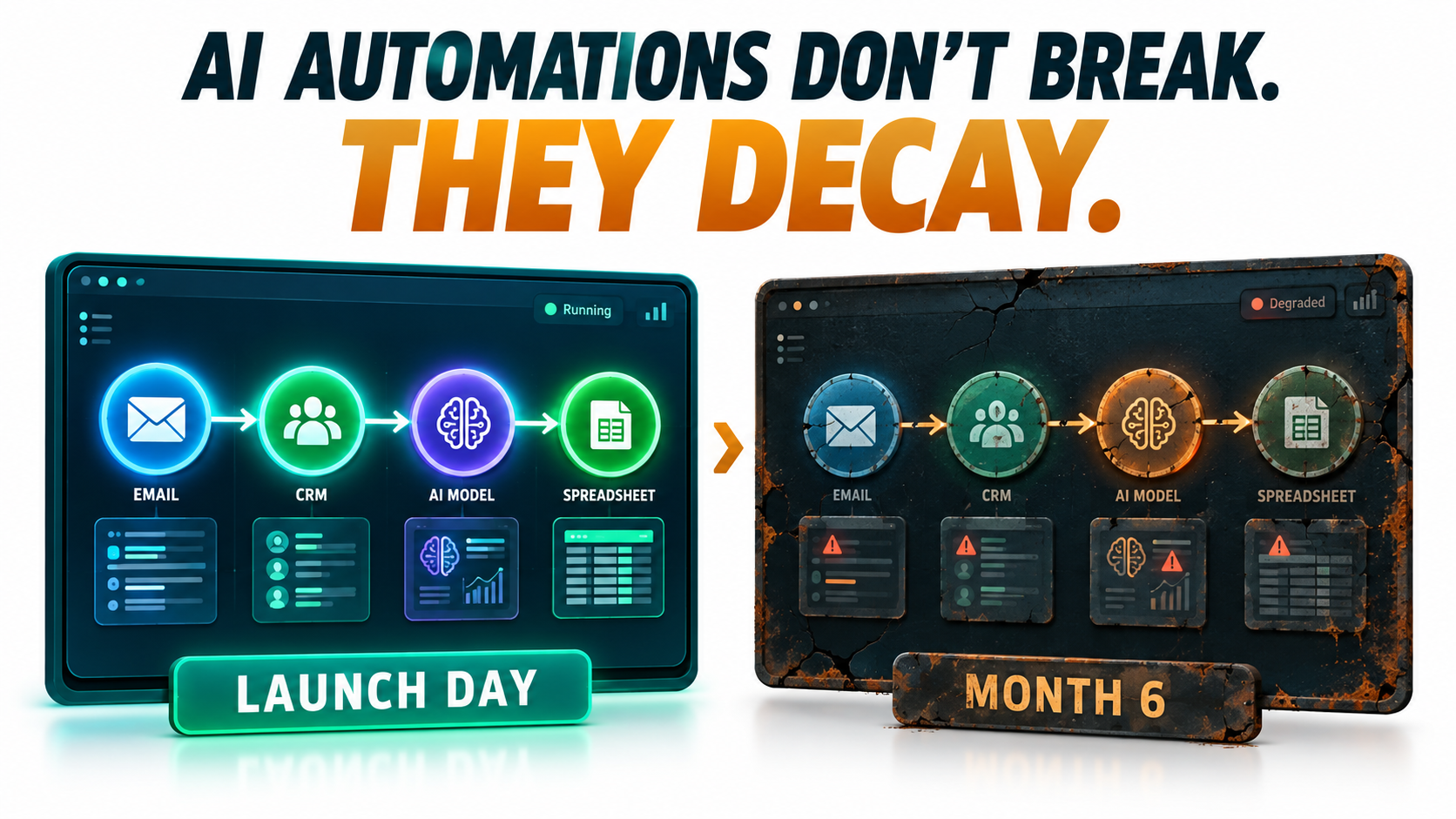 Workflow automation diagram that is bright on launch day and visibly decaying by month six, with headline AI automations don't break, they decay