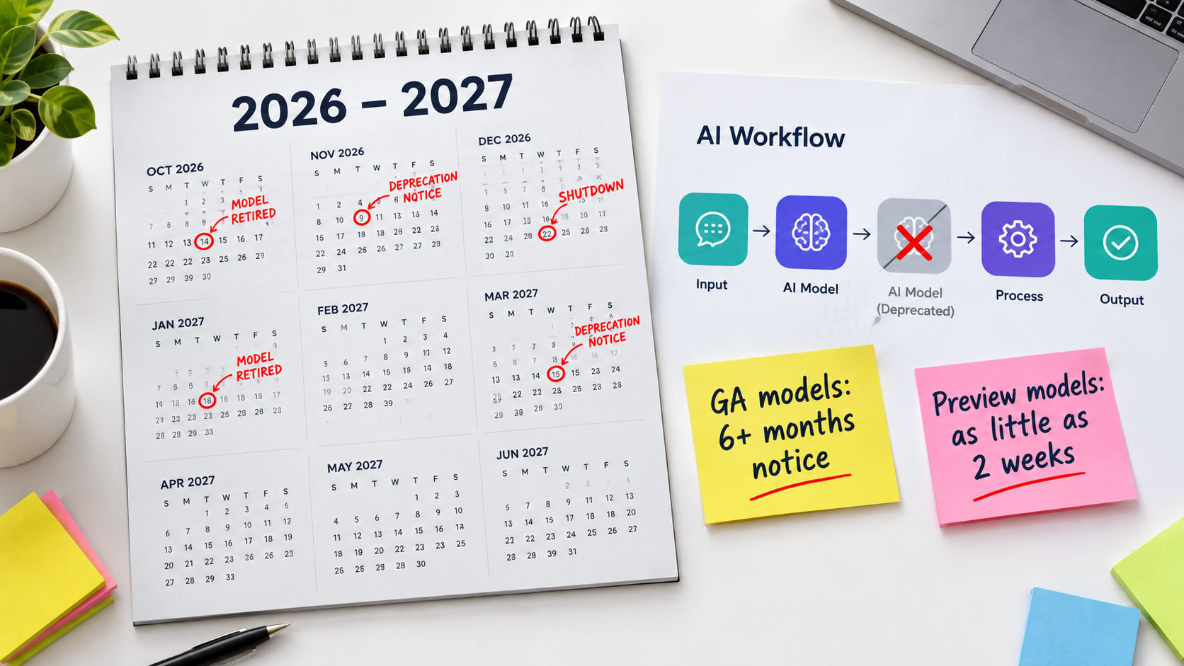 Calendar with model retirement and deprecation dates circled beside a workflow with a disabled AI node, noting GA models get six months notice and preview models as little as two weeks
