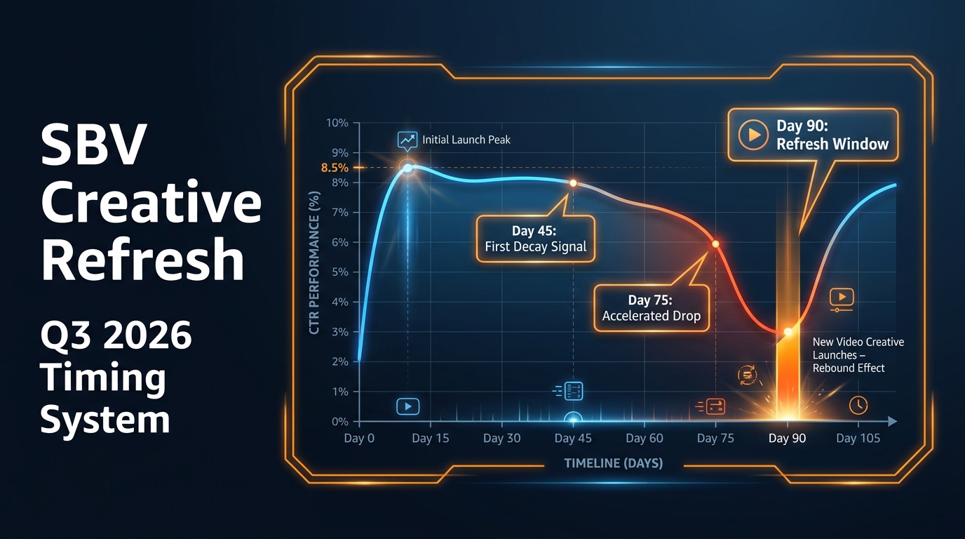 SBV Creative Refresh Cadence Q3 2026 — CTR decay timeline showing Day 45, Day 75, and Day 90 refresh thresholds