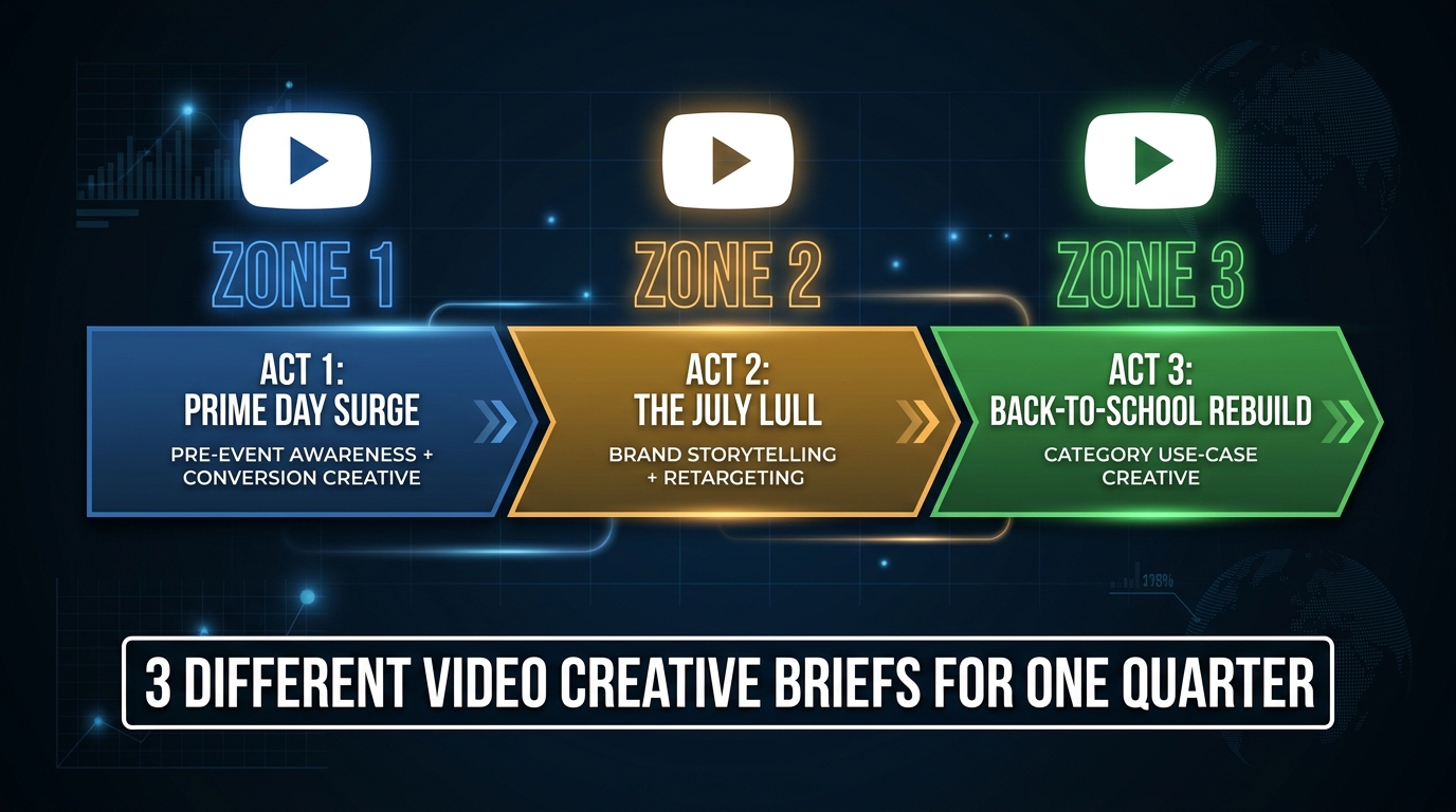 Q3 Amazon advertising three-act seasonal calendar showing Prime Day, July Lull, and Back-to-School creative refresh zones