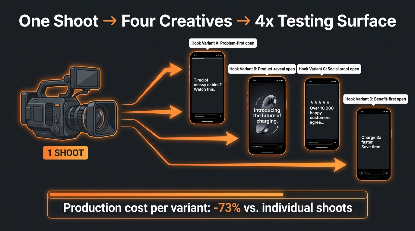 Modular SBV video production system showing one shoot producing four creative hook variants for Amazon Sponsored Brands Video testing