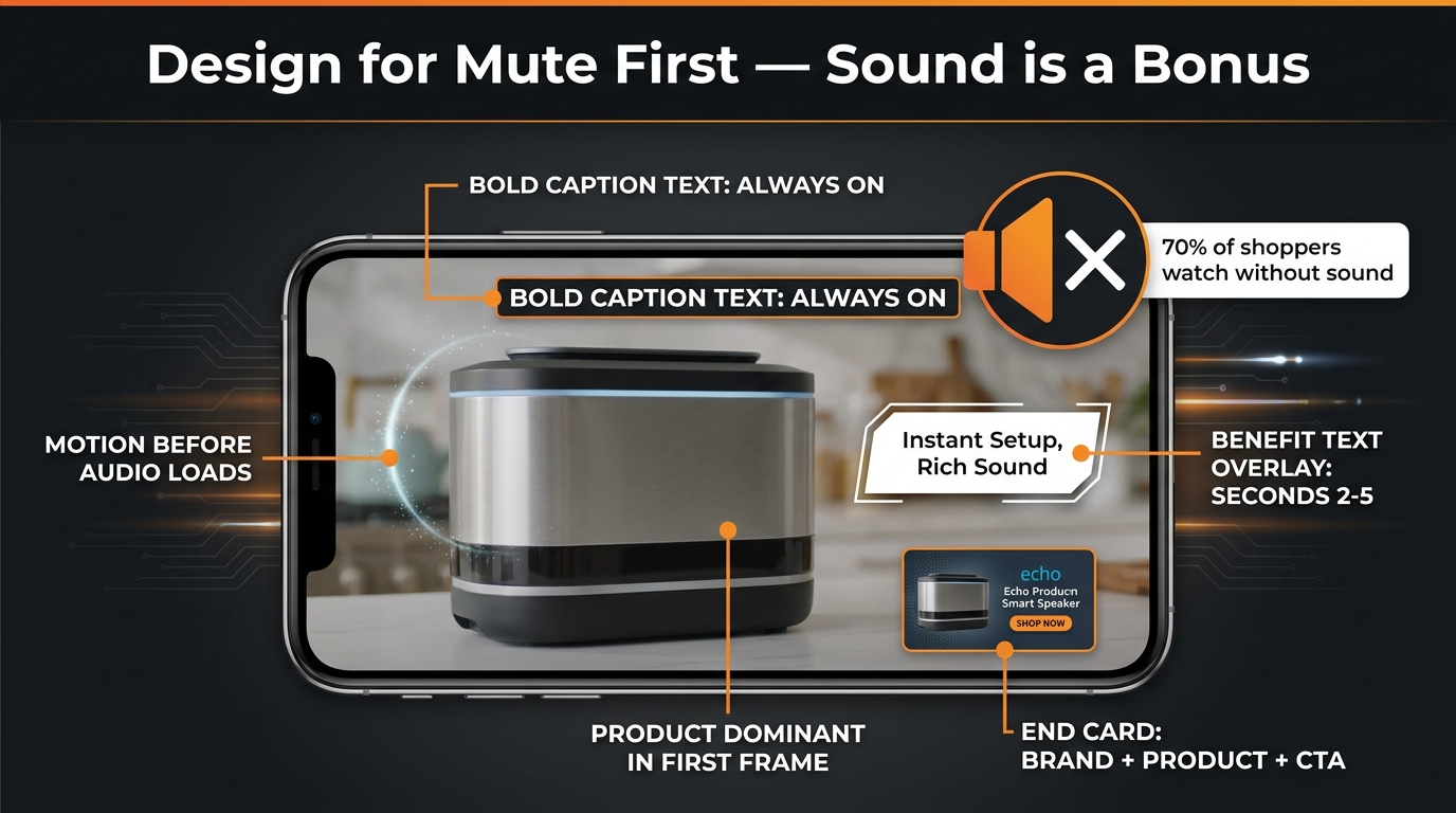 Sound-off SBV design principles showing a smartphone with labeled callouts for caption text, product dominance, motion timing, and end card