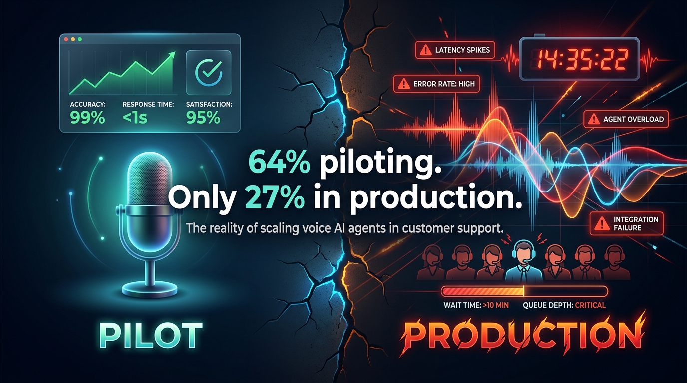 Voice AI agent pilot vs production gap — 64% piloting, only 27% in full production