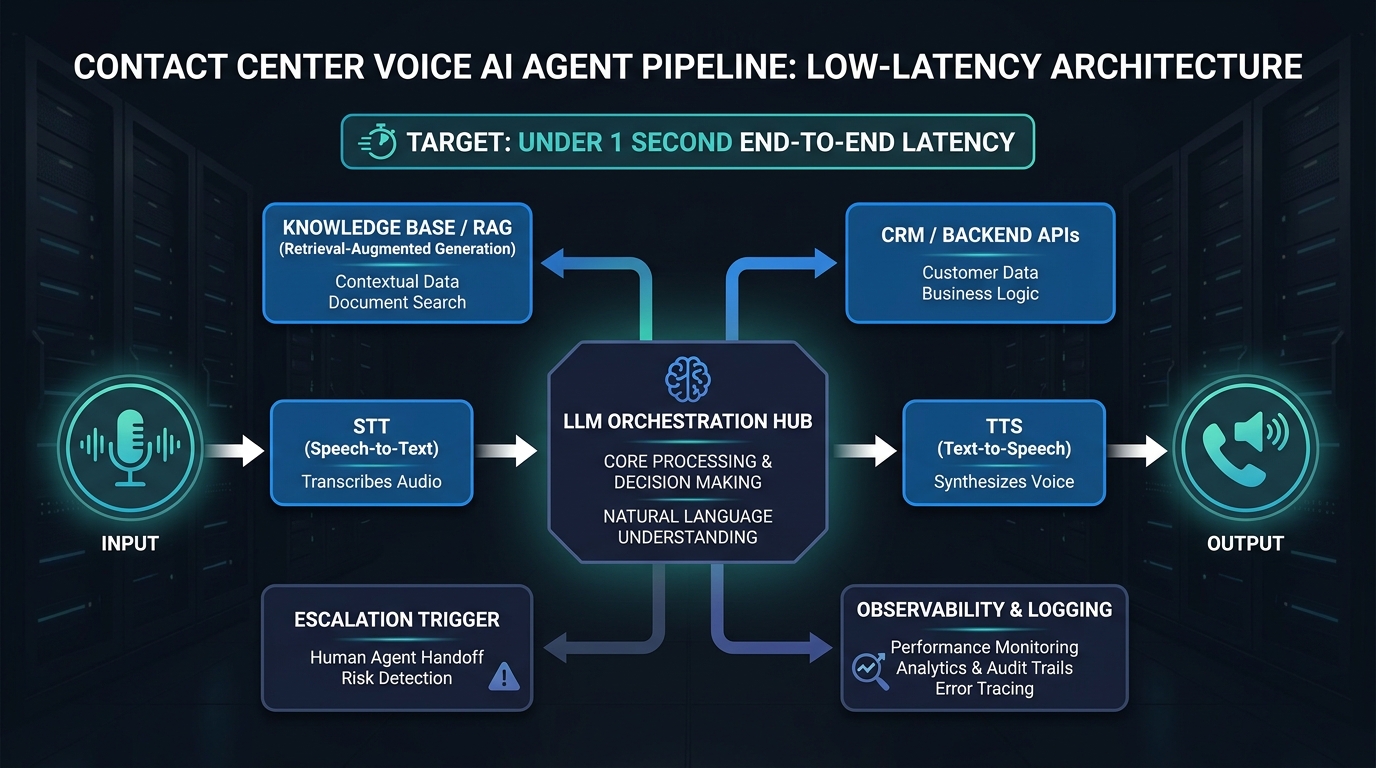 Voice AI agent production pipeline: STT to LLM orchestration to TTS with CRM and escalation integrations