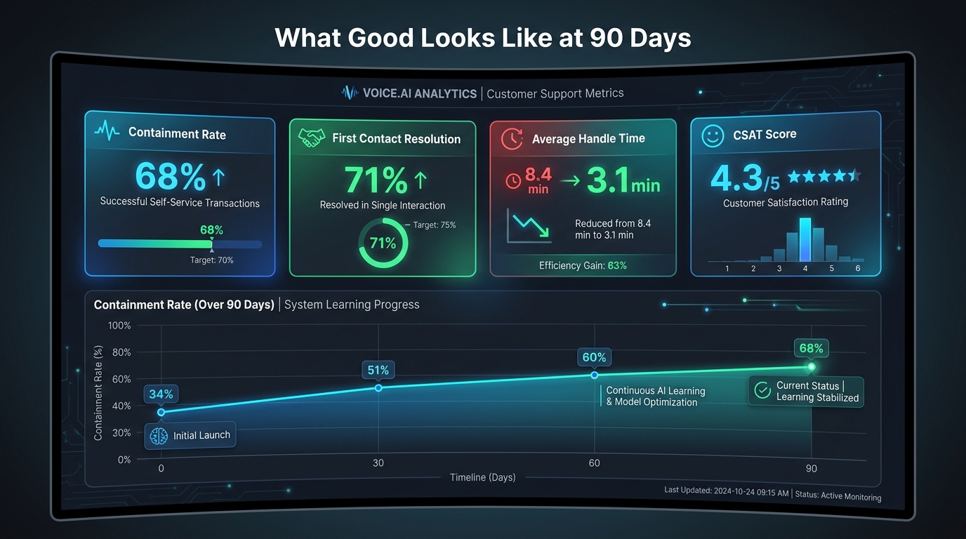 Voice AI support metrics dashboard showing containment rate 68%, FCR 71%, AHT reduction, and CSAT 4.3 after 90 days