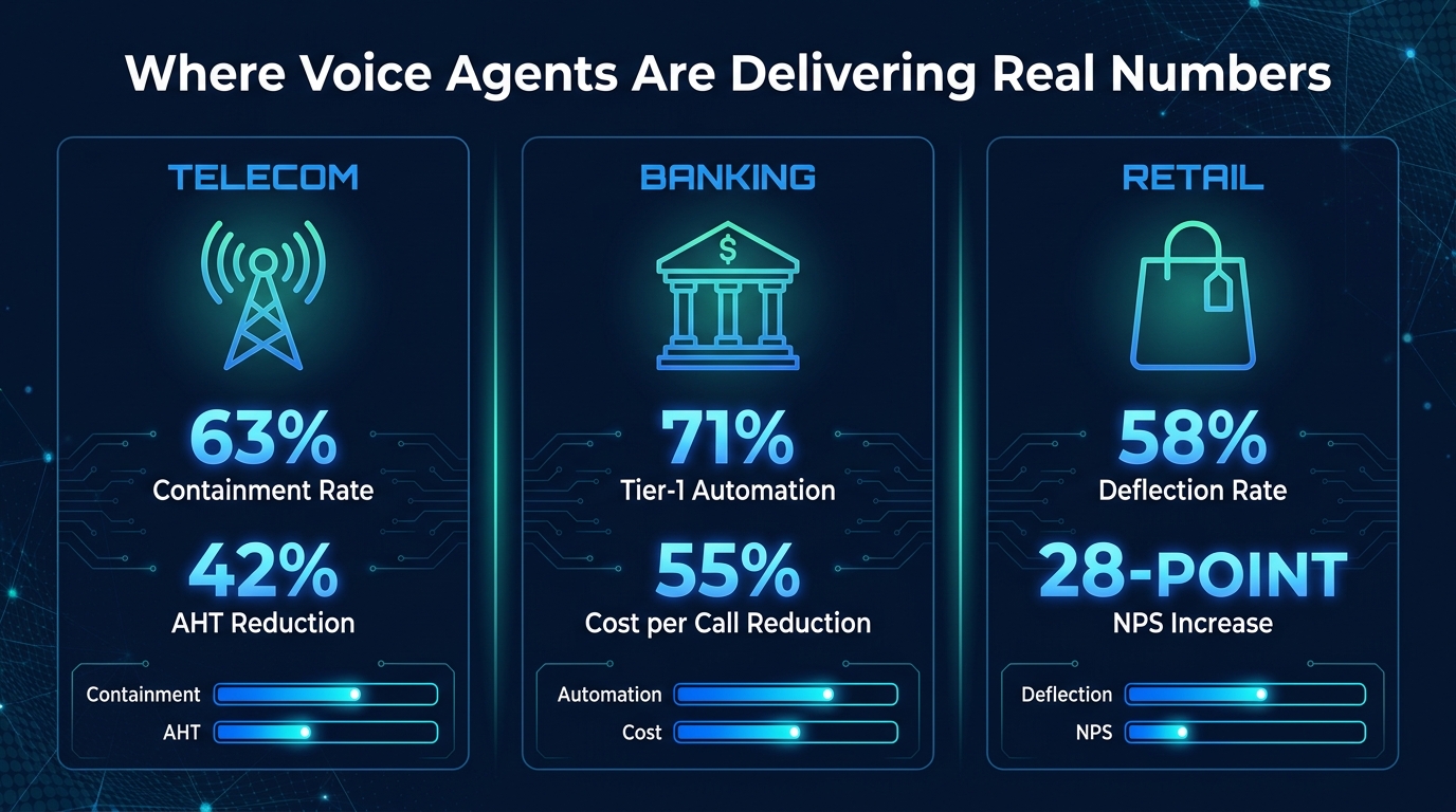 Voice AI agent results by sector — Telecom 63% containment, Banking 71% Tier-1 automation, Retail 58% deflection