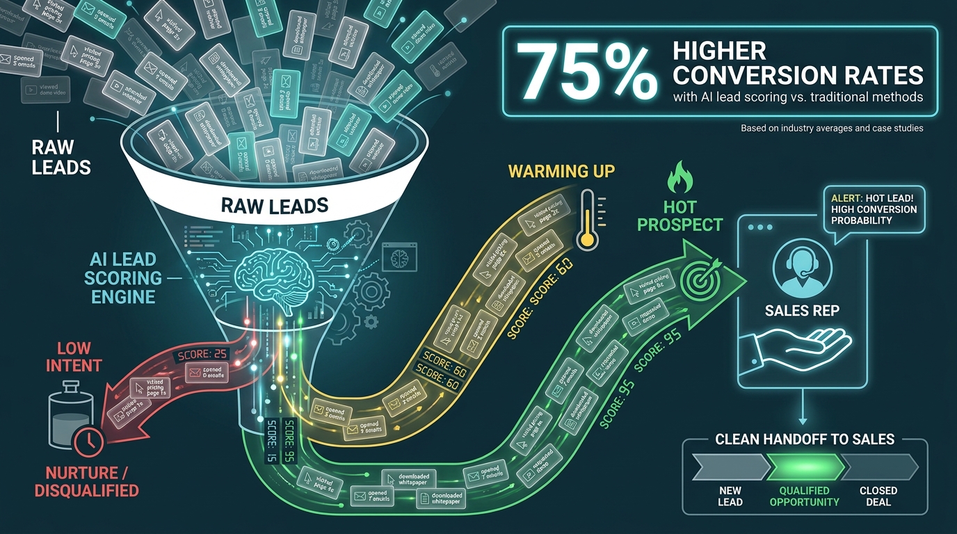 AI lead scoring funnel diagram showing behavioral signals being processed into color-coded hot, warm, and cold prospect scores with 75% higher conversion rate stat overlay