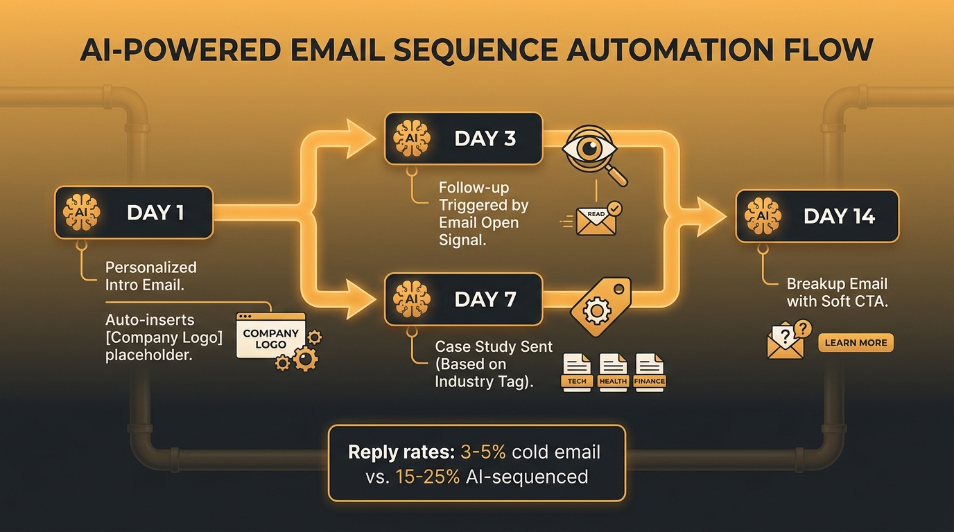 AI email sequence automation timeline showing behavior-triggered follow-ups from Day 1 intro to Day 14 breakup email, with reply rate comparison: 3-5% cold vs 15-25% AI-sequenced