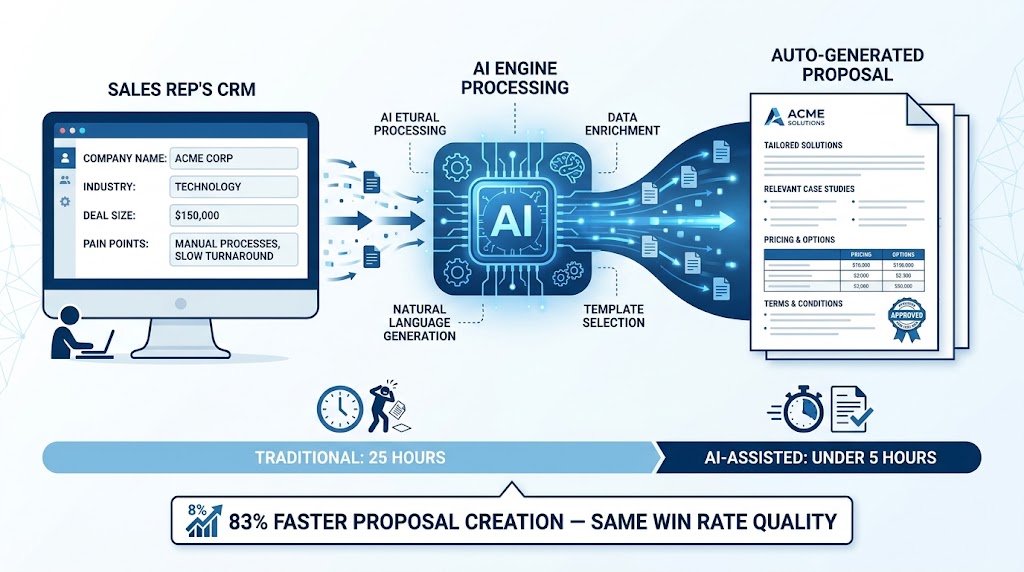AI proposal generation workflow showing CRM deal data flowing through AI engine to produce a polished, branded proposal PDF — with timeline showing Traditional: 25 hours versus AI-assisted: under 5 hours, and 83% faster creation stat callout