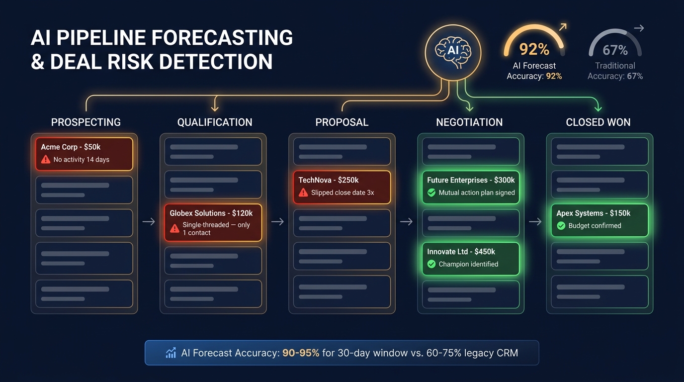 AI pipeline management dashboard showing deal cards with red risk flags for no activity, single-threaded contacts, and slipped close dates, versus green healthy deal indicators, with forecast accuracy gauge: 90-95% AI vs 60-75% legacy CRM