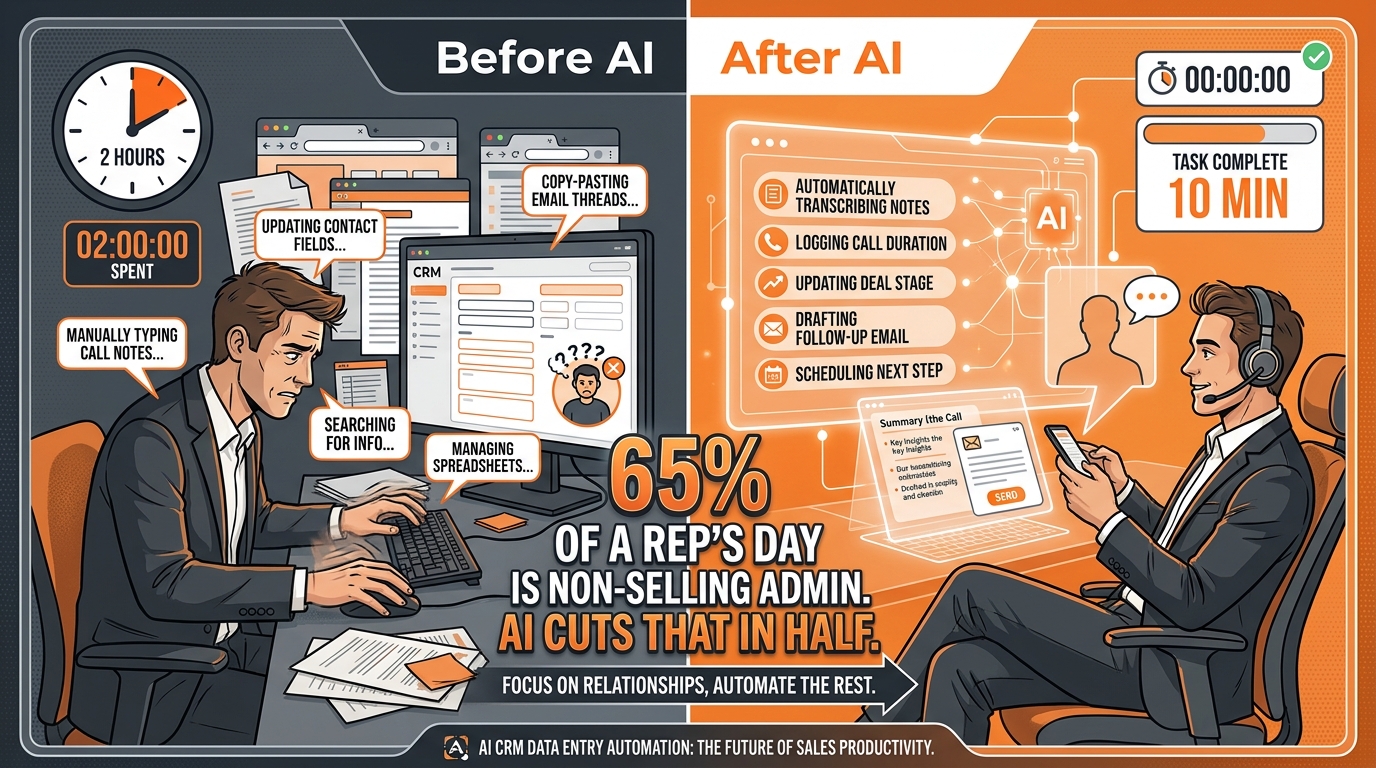 Before and after comparison: sales rep manually typing CRM notes versus AI automatically logging call details, updating deal stage, and drafting follow-up — with stat: 65% of rep time is non-selling admin, AI cuts that in half