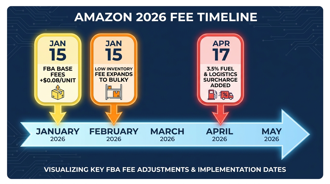 Amazon 2026 fee timeline showing three key milestones: January 15 FBA base fee increases, January 15 low-inventory fee expansion to bulky tiers, and April 17 fuel and logistics surcharge activation