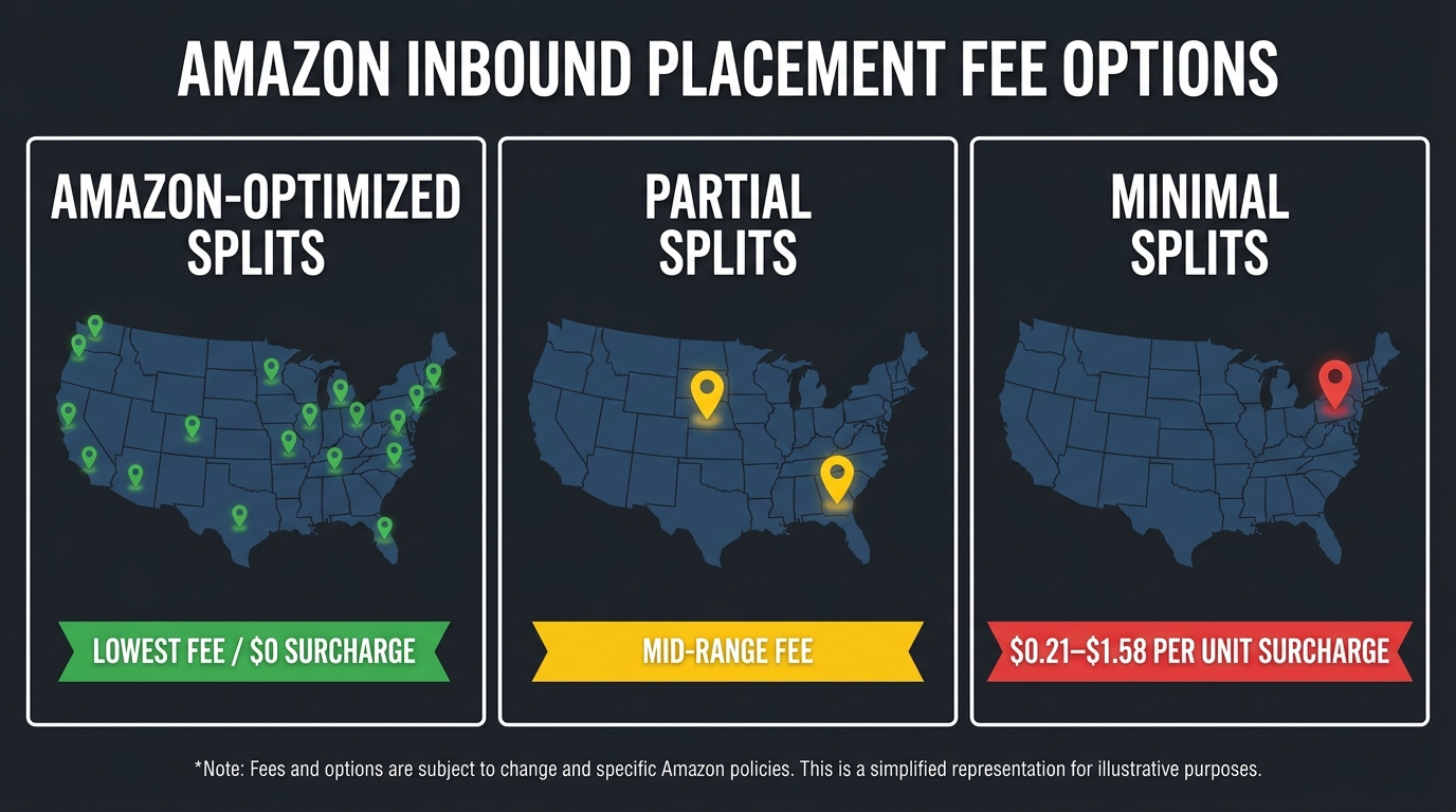 Three-column comparison showing Amazon inbound placement options: Amazon-optimized splits across multiple US warehouse locations at lowest cost, partial splits at mid-range, and minimal splits at highest per-unit surcharge of $0.21–$1.58
