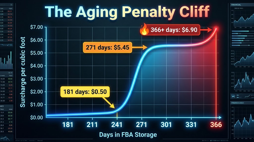 Line chart showing the Amazon aged inventory surcharge escalation from $0.50 per cubic foot at 181 days to $6.90 per cubic foot at 366+ days, with the sharp penalty cliff at day 271 annotated in red