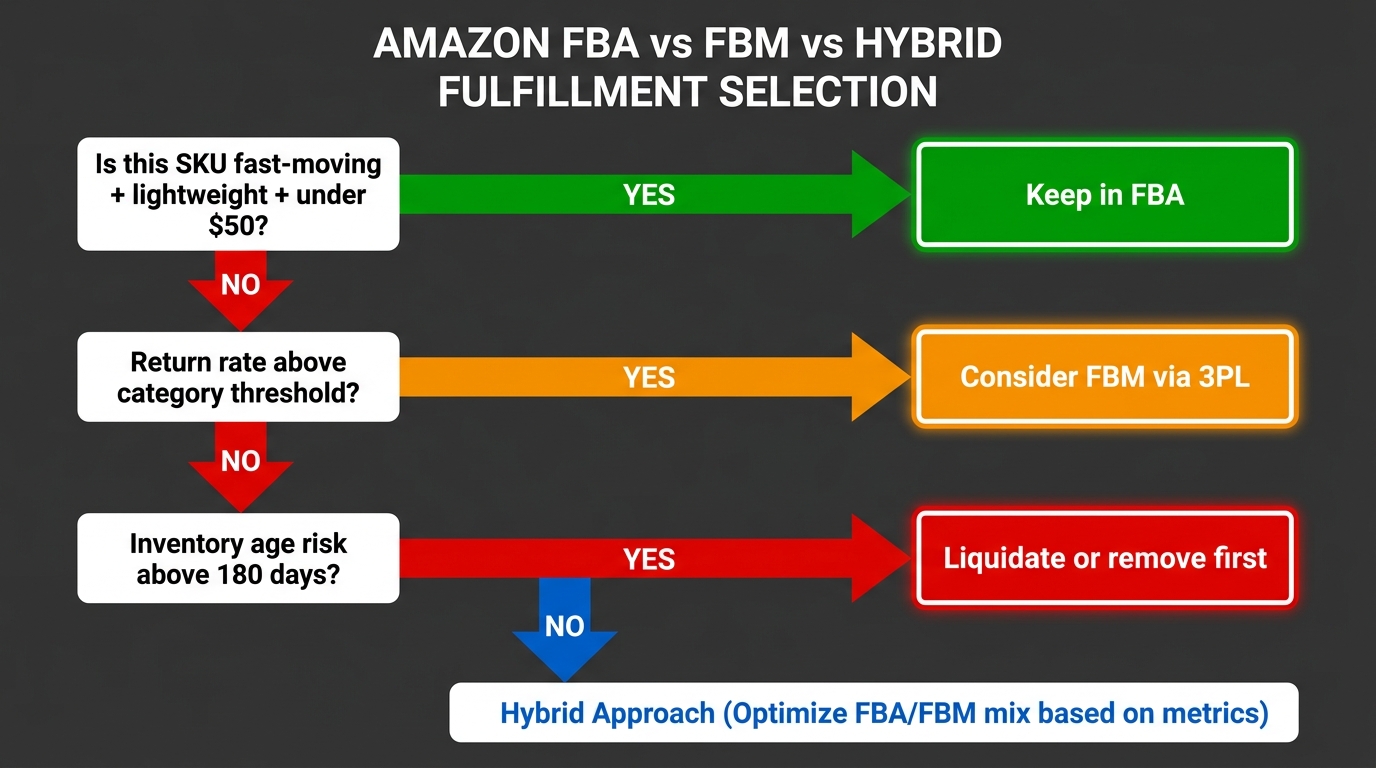 Decision tree flowchart for choosing between FBA, FBM, and hybrid fulfillment based on SKU velocity, return rate, inventory age risk, and product size tier