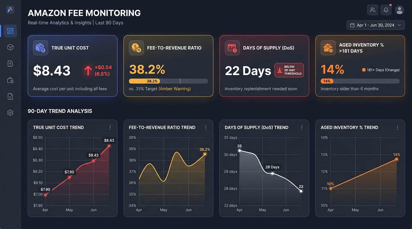 Amazon fee monitoring dashboard mockup showing four KPI cards: True Unit Cost, Fee-to-Revenue Ratio, Days of Supply below 28-day threshold warning, and Aged Inventory percentage above 181 days