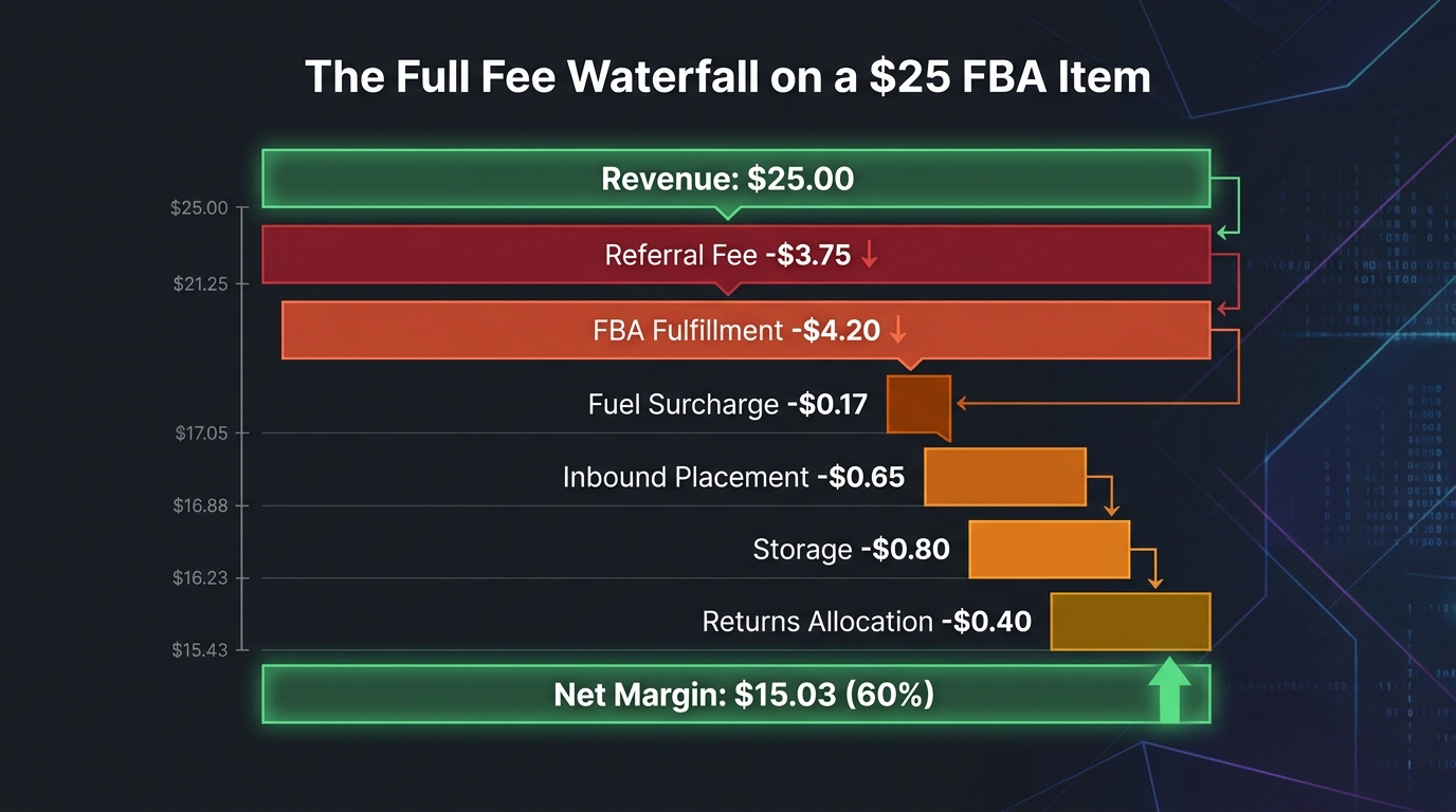 Waterfall bar chart showing the full fee deduction stack on a $25 FBA item, from referral fee through fulfillment, fuel surcharge, inbound placement, storage, and returns allocation