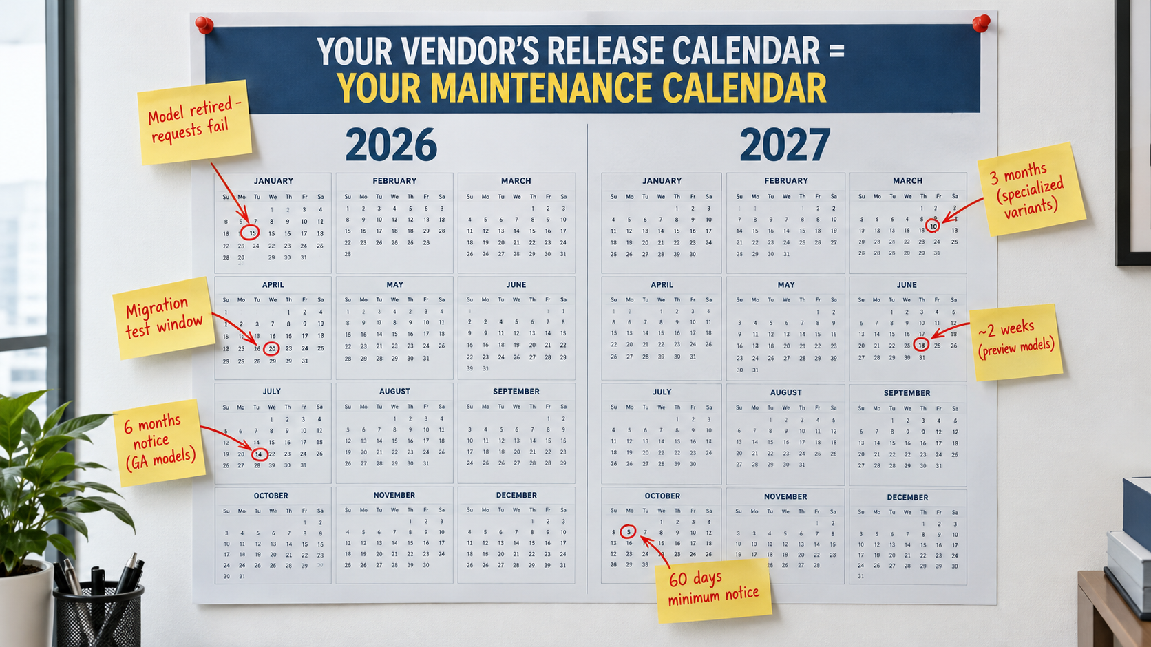 Office wall calendar with circled model retirement dates and sticky notes listing deprecation notice periods: 6 months for GA models, 3 months for specialized variants, about 2 weeks for preview models, 60 days minimum