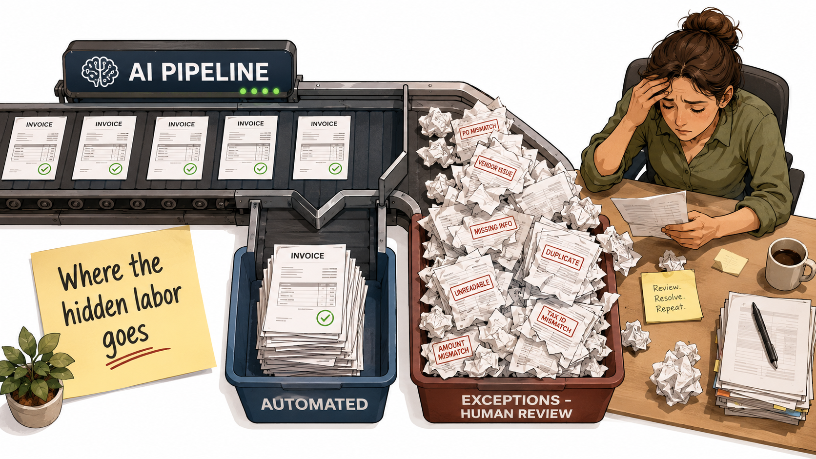 Conveyor belt delivering processed invoices into an automated bin while flagged documents pile up in an exceptions tray for human review